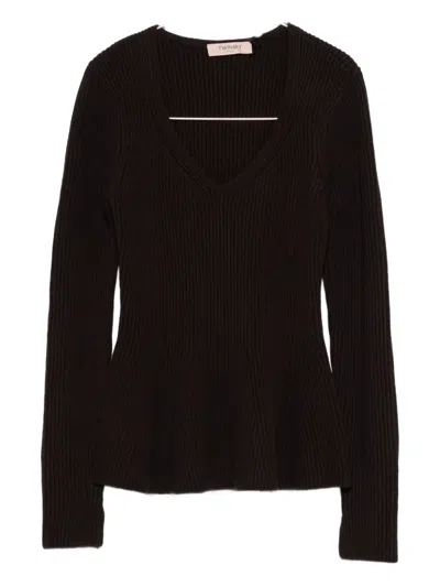 Twinset V-neck Ribbed Sweater In Black