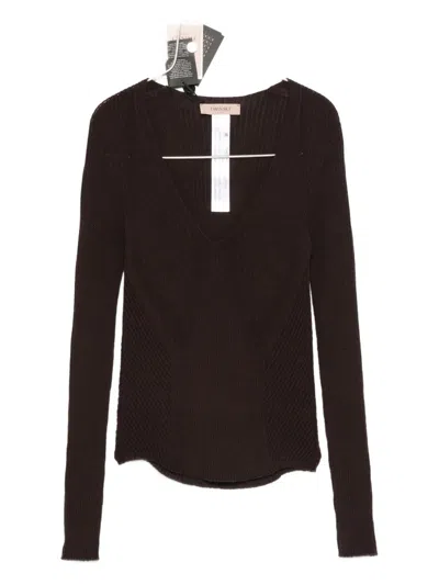 Twinset Fitted Brown Wool Sweater With Deep V-neckline In Black