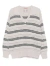 Twinset Horizontal Striped Knit Sweater With V-neckline In Neutral