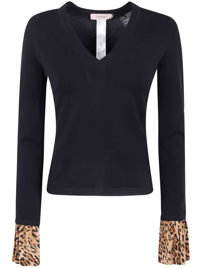 Twinset Twin-set V Neck With Animalier Print In Black