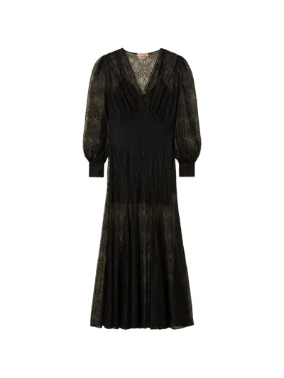 Twinset V-neck Pleated Georgette Maxi Dress In Black