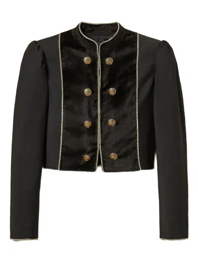 Twinset Velvet-trimmed Puff-sleeve Jacket In Black
