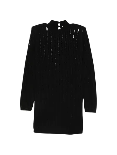 Twinset Vertical Ribbed Knit Mini Dress With Rhinestone Accents In Black