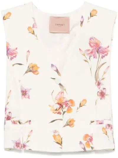 Twinset Vest In Whit With Floral Print In White