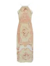 Twinset Midi Dress In White Linen With Print In Brown