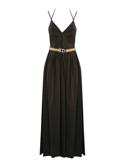 Twinset Long Poplin Dress With Belt In Black