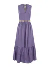 Twinset Long Poplin Dress With Flounce And Belt In Purple