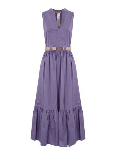 Twinset Long Poplin Dress With Flounce And Belt In Purple