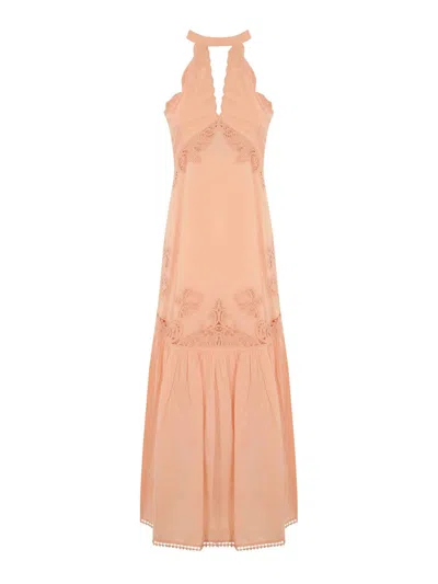 Twinset Long Cotton Dress With Embroidery In Pink