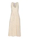 Twinset White Long Dress With V-neck And Waist Belt With Metallic Logo Plaque In Cotton Woman In Neutral