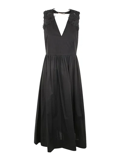 Twinset V-neck Dress With Embroidered Flowers In Black