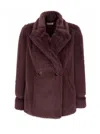 Twinset Violet Double-breasted Coat With Peak Revers In Ecofur Woman In Brown