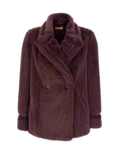 TWINSET VIOLET DOUBLE-BREASTED COAT WITH PEAK REVERS IN ECOFUR WOMAN