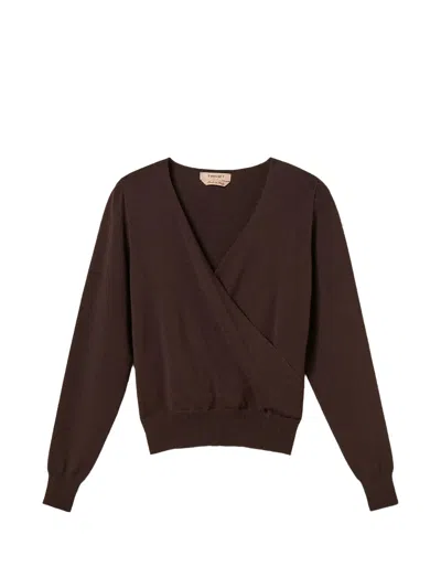 Twinset Cropped V-neck Jumper In Viscose Blend With Ribbed Trims In Brown