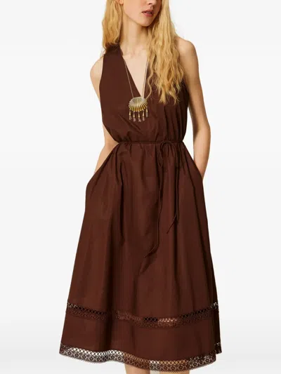 Twinset V-neck Midi Dress With Embroidered Details In Brown