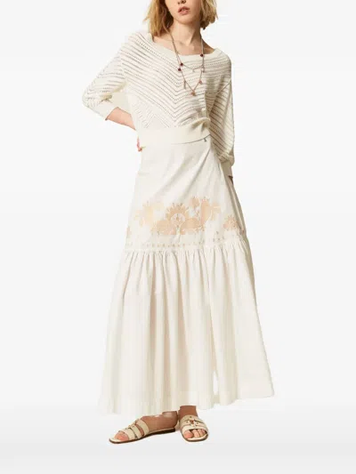 Twinset V-neck Pointelle-knit Sweater In White