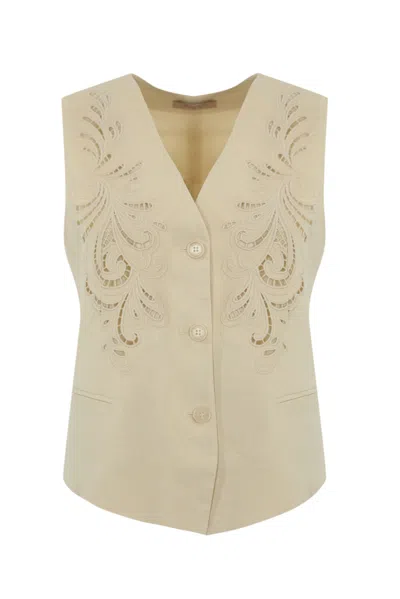 Twinset Waistcoat With Embroidery In Linen Blend In Madreperla