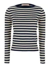 Twinset White And Black Top With Ribbed Design And All-over Striped Motif In Viscose Woman In Multicolor