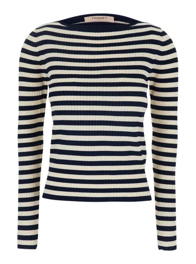 Twinset White And Black Top With Ribbed Design And All-over Striped Motif In Viscose Woman In Multicolor