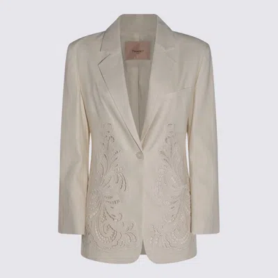 Twinset White Beige Linen Blazer In Madreperla