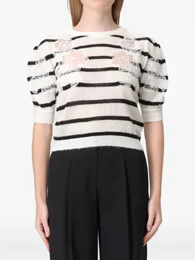 Twinset Twin-set White Black Stripes Floral Sweater