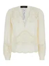 Twinset White Blouse With V Neck And All-over Embroidery In Fabric Woman