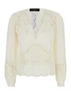Twinset White Blouse With V Neck And All-over Embroidery In Fabric Woman In White