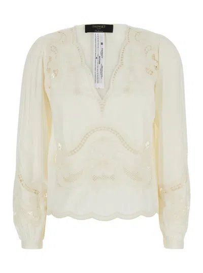 TWINSET WHITE BLOUSE WITH V NECK AND ALL-OVER EMBROIDERY