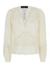 Twinset White Blouse With V Neck And All-over Embroidery In Fabric Woman In White