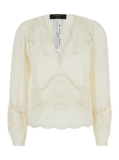 Twinset White Blouse With V Neck And All-over Embroidery In Fabric Woman