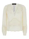 Twinset White Blouse With V Neck And All-over Embroidery In Fabric Woman In White