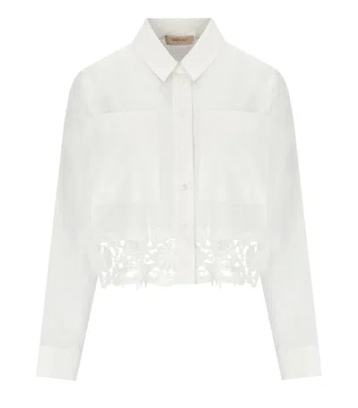 TWINSET TWINSET WHITE CROPPED SHIRT WITH LACE