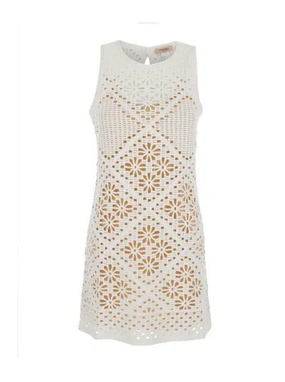 Twinset White Dress With Knitted Design And All-over Floral Embroidery In Cotton Woman