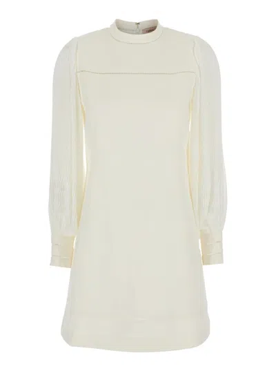 Twinset White Dress With Logo Plaque On The Back And Openwork Detail On The Cuffs In Linen And Cotton Blend 