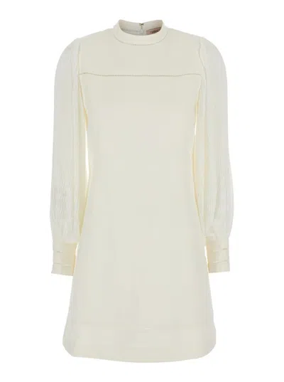 TWINSET WHITE DRESS WITH LOGO PLAQUE ON THE BACK AND OPENWORK DETAIL ON THE CUFFS IN LINEN AND COTTON BLEND 