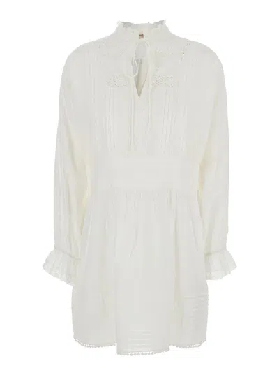 TWINSET WHITE DRESS WITH PLEATED DETAILS AND ALL-OVER APPLIED EMBROIDERY