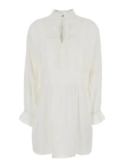 Twinset White Dress With Pleated Details And All-over Applied Embroidery In Cotton Woman