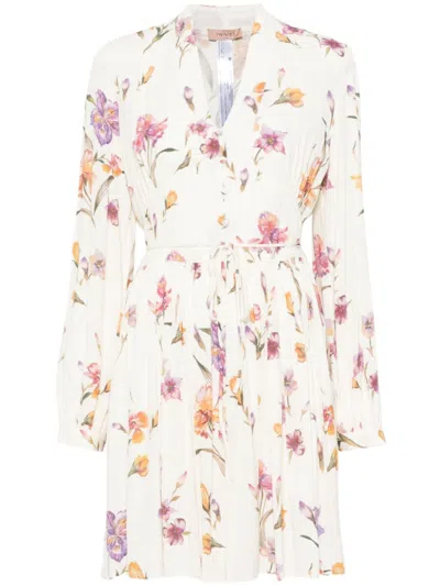 TWINSET WHITE FLORAL-PRINT MINI DRESS