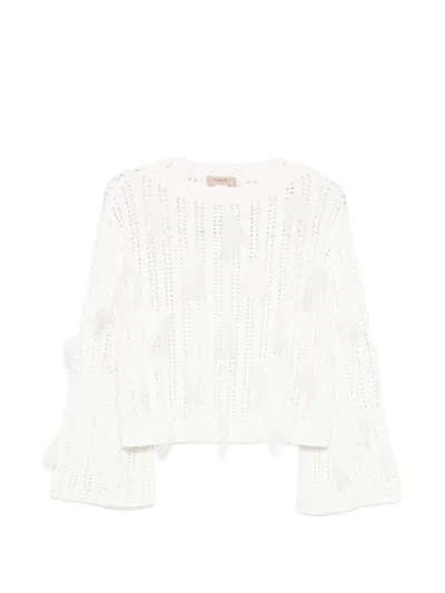 Twinset Twin-set White Fringed Knit Flared Sleeve Sweater