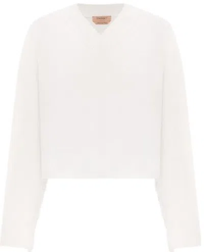 Twinset Twin-set White Fringed V-neck Sweater
