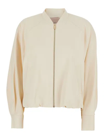 Twinset White Jacket With Ruffles And Logo Patch On The Back In Fabric Blend Woman In Neutral