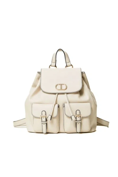 Twinset White Leather-effect Backpack With Flap In Neutrals