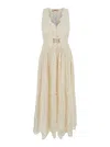Twinset White Long Dress With V-neck And Waist Belt With Metallic Logo Plaque In Cotton Woman