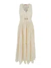 Twinset White Long Dress With V-neck And Waist Belt With Metallic Logo Plaque In Cotton Woman In White