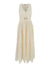 Twinset White Long Dress With V-neck And Waist Belt With Metallic Logo Plaque In Cotton Woman In White
