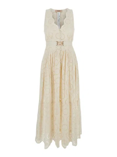 Twinset White Long Dress With V-neck And Waist Belt With Metallic Logo Plaque In Cotton Woman