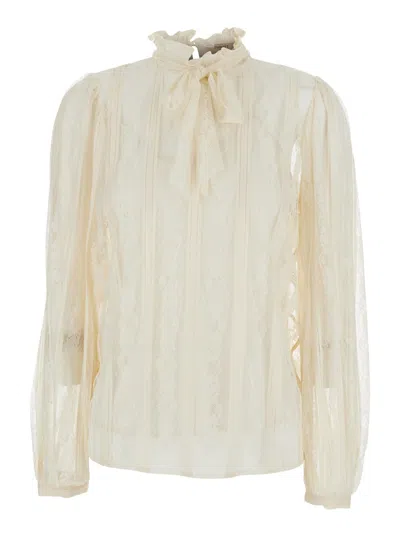 Twinset White Long-sleeved Shirt With Lace Design And Bow On The Neck In Cotton Blend Woman In Neutral