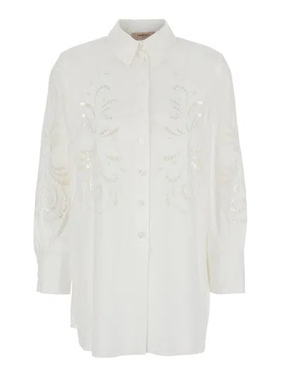 Twinset White Shirt With All-over Lace Embroidery