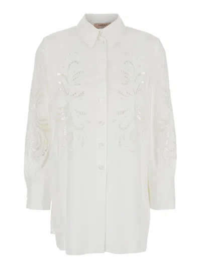 Twinset White Shirt With All-over Lace Embroidery In Cotton Woman