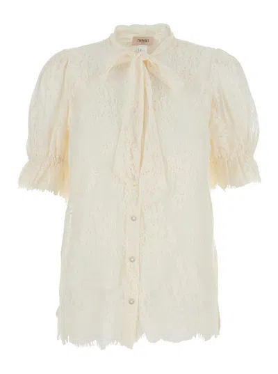 Twinset White Shirt With Lace Design And Bow On The Neck In Cotton Blend Woman In Neutral